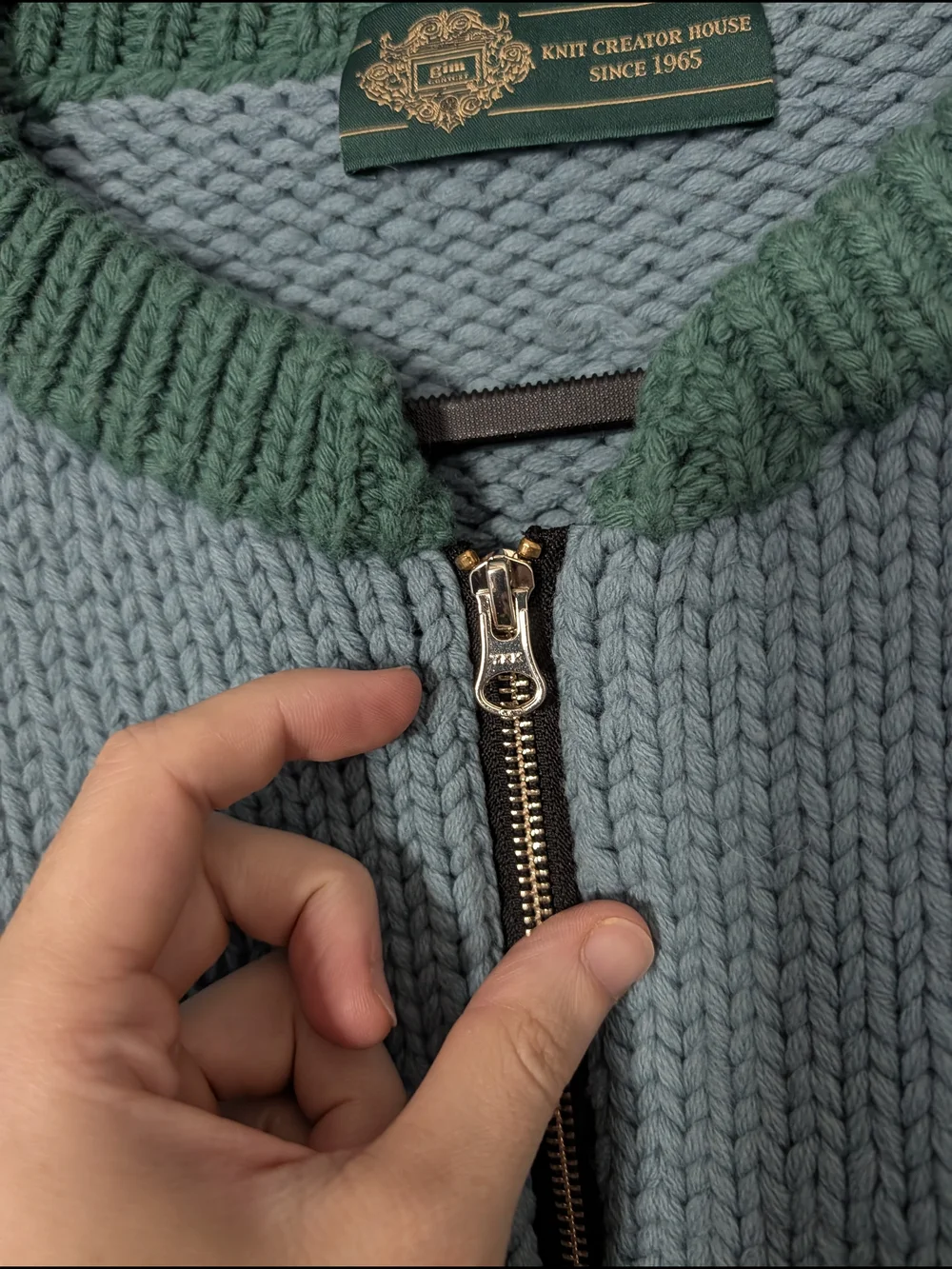 GIM CONTEXT Japanese Blue Green Knit Wool Bomber Jacket with Zip One Size